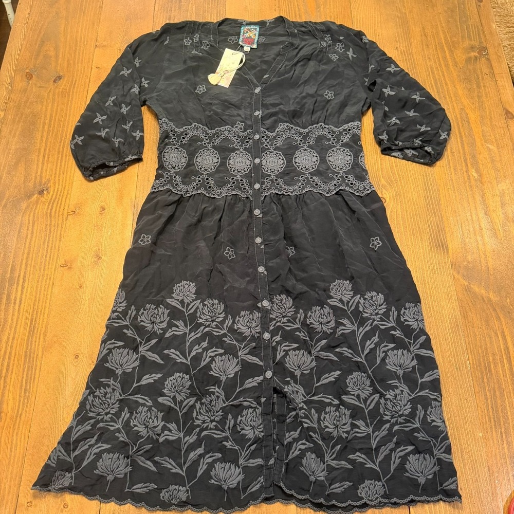 Johnny‎ Was Garland Tiffany Dress Embroidered Floral Medium Black 3/4 Sleeve NWT